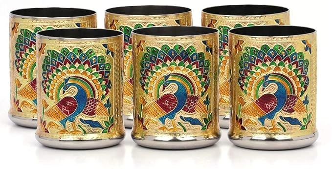 Meenakari Peacock Design Stainless Steel Glass Set