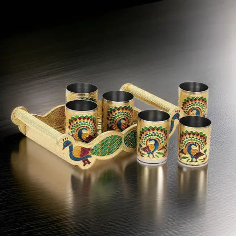 Meenakari Peacock Design Stainless Steel Glass Set