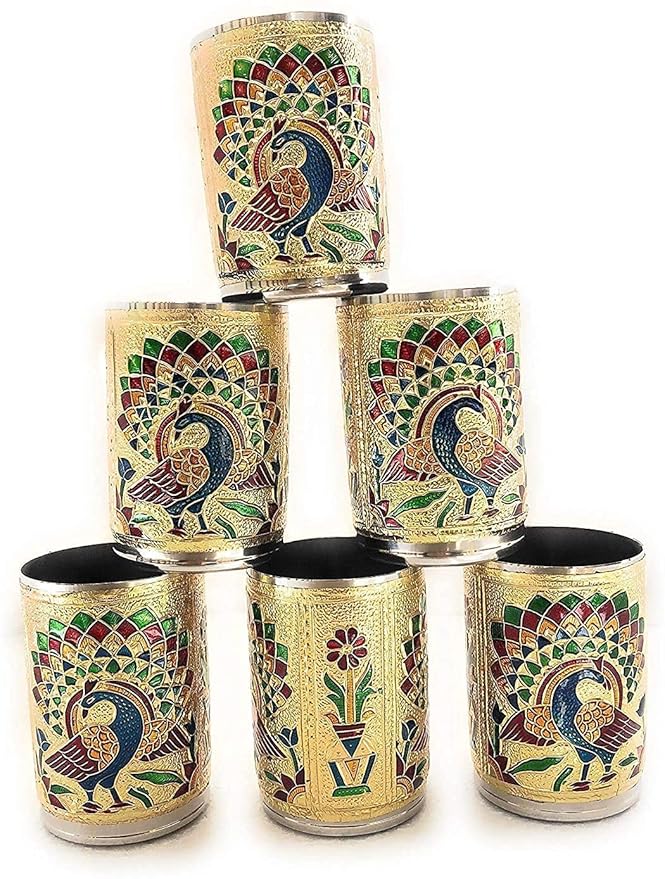 Meenakari Peacock Design Stainless Steel Glass Set