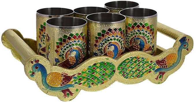 Meenakari Peacock Design Stainless Steel Glass Set