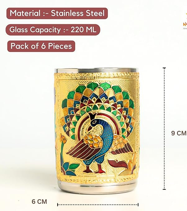Meenakari Peacock Design Stainless Steel Glass Set