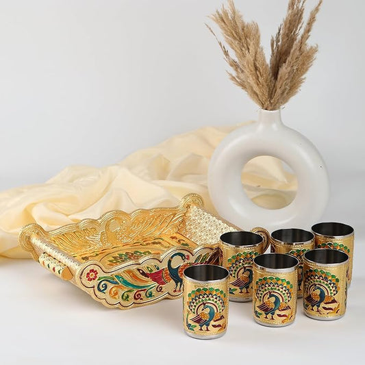Meenakari Peacock Design Stainless Steel Glass Set
